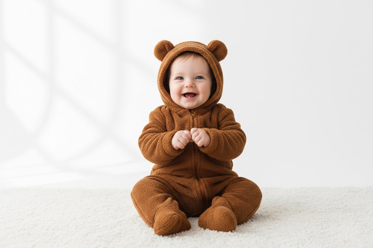 baby wearing onsie brown bear color with the bear ears, it for product page