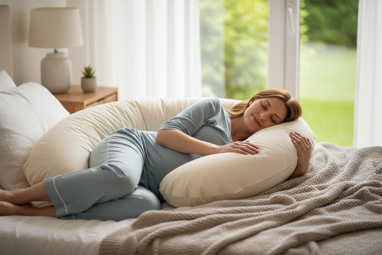 zwangere vrouw je. ziet buik die comfortabel op ligkussen licht tussen de benen of lichaam